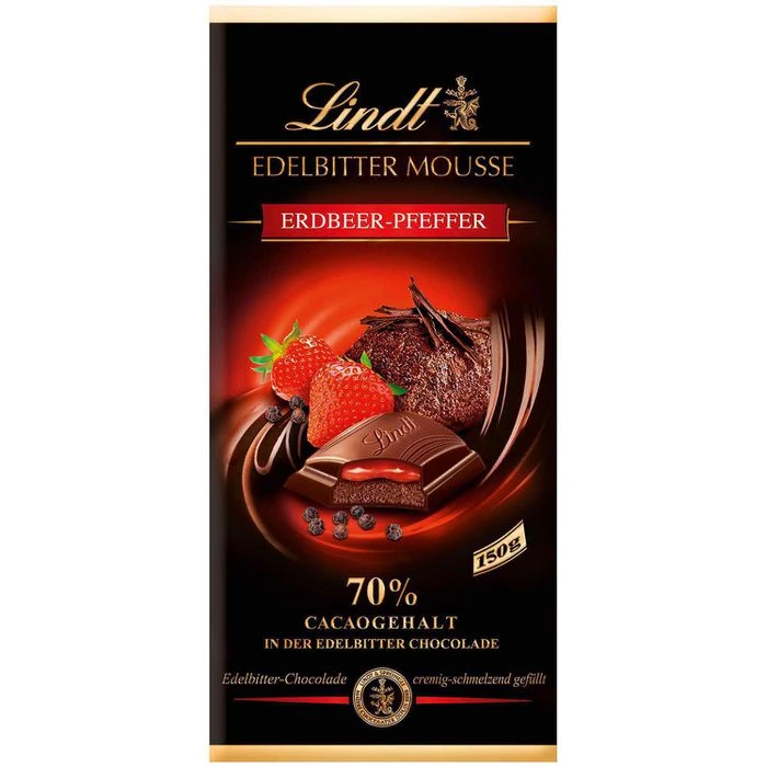 Lindt Tafelschokolade Edelbitter Mousse, Erdbeer-Pfeffer, 150g 1 Lindt Tafelschokolade Edelbitter Mousse, Erdbeer-Pfeffer, 150g