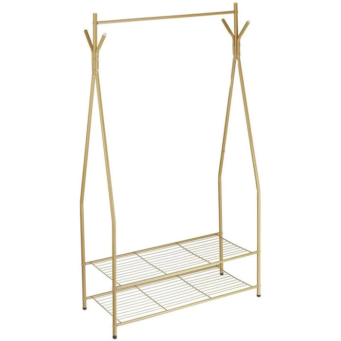 Relaxdays Garderobenständer Sandra, 10020565, Mit 2 Ablagen & 4 Haken, Metall, Hellbraun 1 Relaxdays Garderobenständer Sandra, 10020565, Mit 2 Ablagen & 4 Haken, Metall, Hellbraun