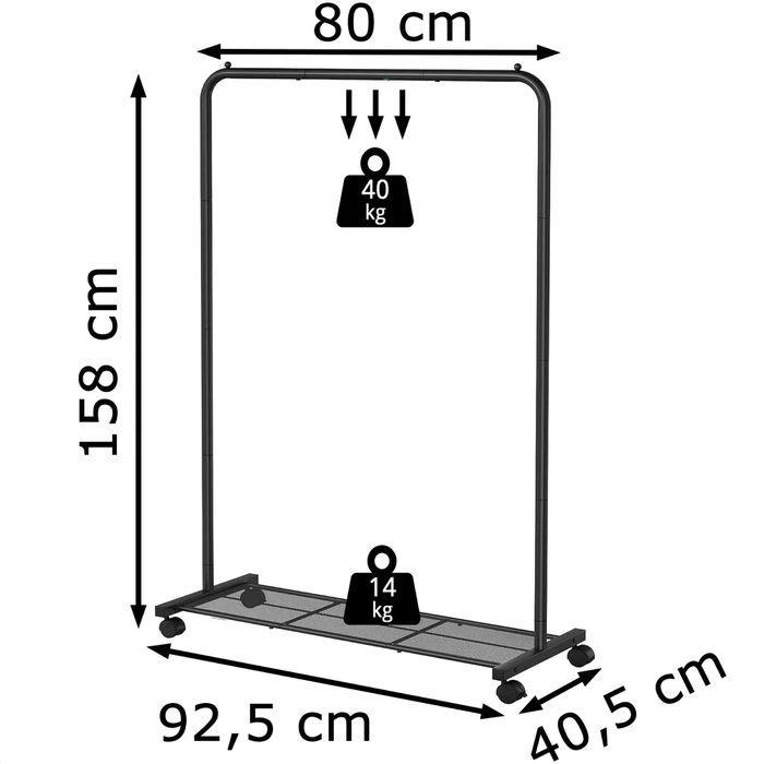 Songmics Garderobenständer HSR25BK, Bis 40 Kg, Mit Rollen & Ablage, Metall, Schwarz 2 Songmics Garderobenständer HSR25BK, Bis 40 Kg, Mit Rollen & Ablage, Metall, Schwarz – Bild 2