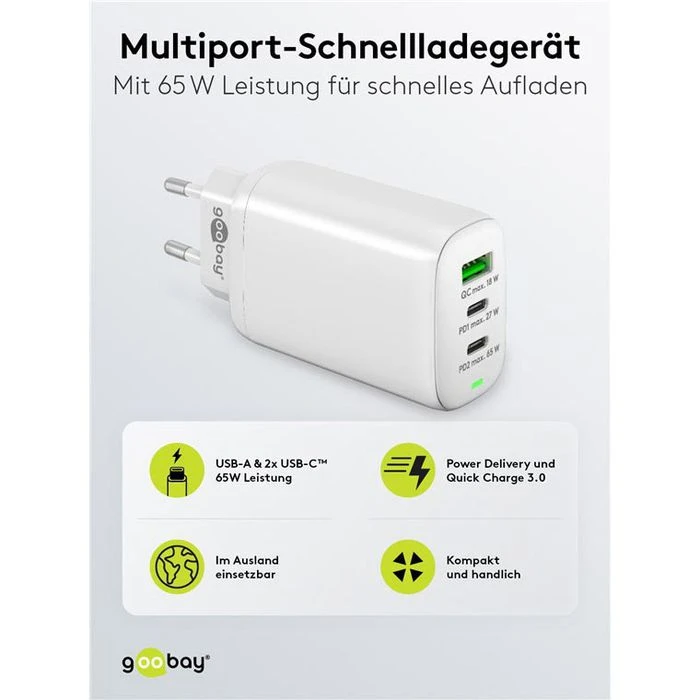 Goobay USB-Ladegerät PD 61759, 65W, 3A, Weiß, 2x USB C, 1x USB A, 3 Port 4 Goobay USB-Ladegerät PD 61759, 65W, 3A, Weiß, 2x USB C, 1x USB A, 3 Port – Bild 4