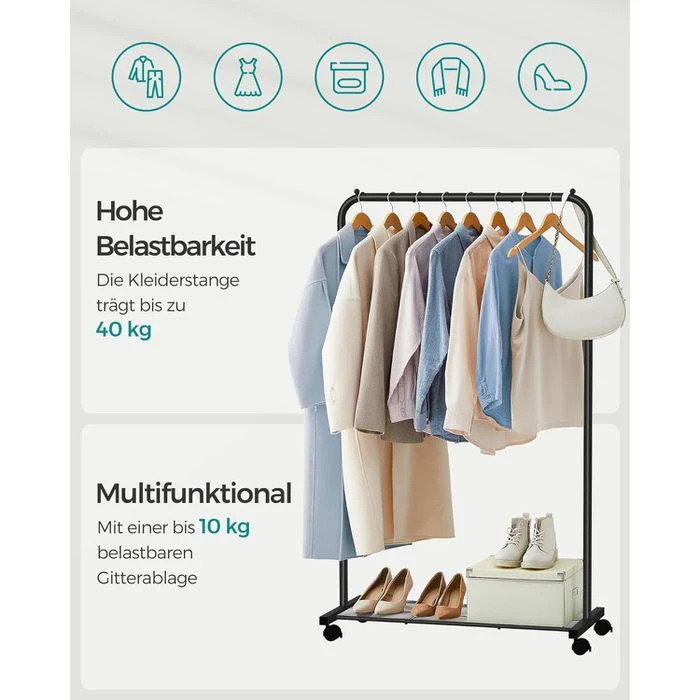 Songmics Garderobenständer HSR25BK, Bis 40 Kg, Mit Rollen & Ablage, Metall, Schwarz 6 Songmics Garderobenständer HSR25BK, Bis 40 Kg, Mit Rollen & Ablage, Metall, Schwarz – Bild 6