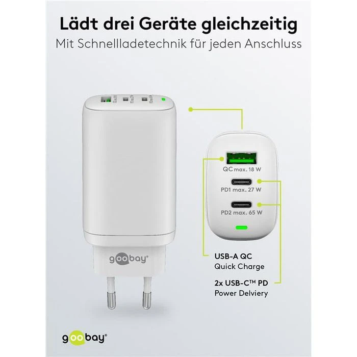 Goobay USB-Ladegerät PD 61759, 65W, 3A, Weiß, 2x USB C, 1x USB A, 3 Port 6 Goobay USB-Ladegerät PD 61759, 65W, 3A, Weiß, 2x USB C, 1x USB A, 3 Port – Bild 6