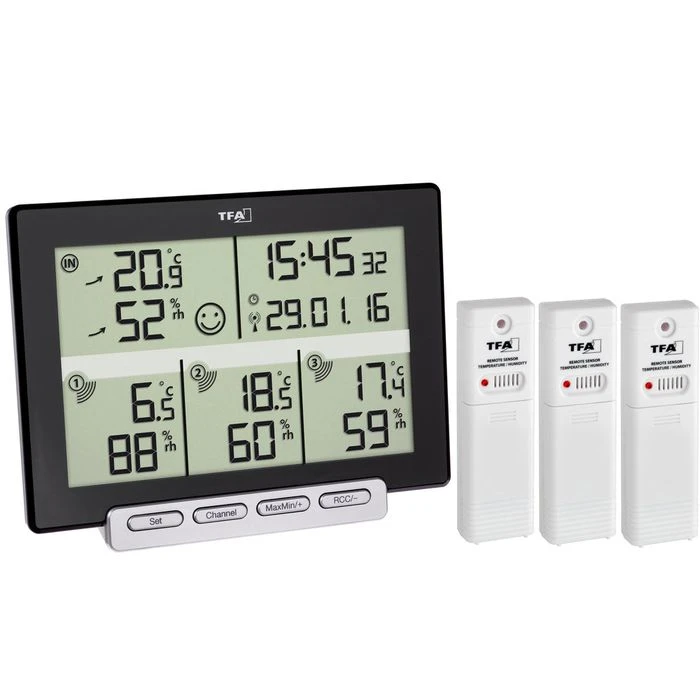 TFA Thermo-Hygrometer 30.3054.10 Multi Sens Funk, Digital, Innen/außen, Inkl. 3 Außensensoren 1 TFA Thermo-Hygrometer 30.3054.10 Multi Sens Funk, Digital, Innen/außen, Inkl. 3 Außensensoren