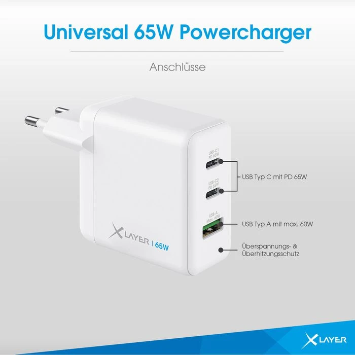 XLayer USB-Ladegerät 219587 GaN 65W, 5A, Weiß, 2x USB C, 1x USB A, 3 Port 3 XLayer USB-Ladegerät 219587 GaN 65W, 5A, Weiß, 2x USB C, 1x USB A, 3 Port – Bild 3