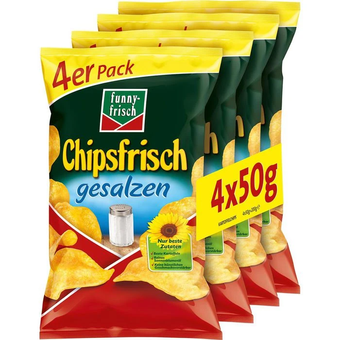 Funny-frisch Chips Chipsfrisch Gesalzen, Kartoffelchips, Je 50g, 4 Tüten 1 Funny-frisch Chips Chipsfrisch Gesalzen, Kartoffelchips, Je 50g, 4 Tüten