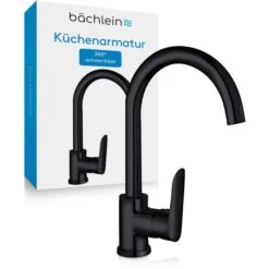 Bächlein Küchenarmatur Schwarz Matt, Hochdruck, 360° Schwenkbar, Rundbogenauslauf