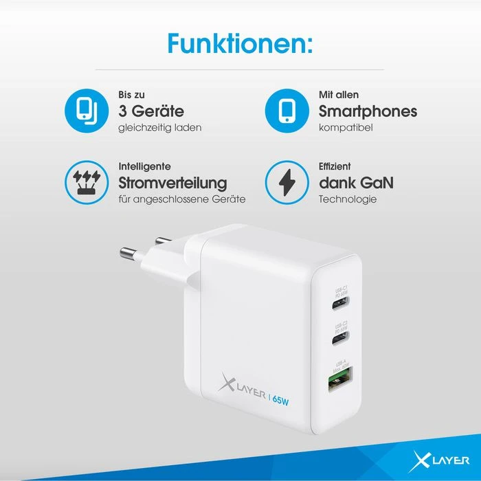 XLayer USB-Ladegerät 219587 GaN 65W, 5A, Weiß, 2x USB C, 1x USB A, 3 Port 2 XLayer USB-Ladegerät 219587 GaN 65W, 5A, Weiß, 2x USB C, 1x USB A, 3 Port – Bild 2