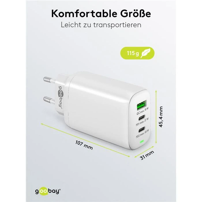 Goobay USB-Ladegerät PD 61759, 65W, 3A, Weiß, 2x USB C, 1x USB A, 3 Port 5 Goobay USB-Ladegerät PD 61759, 65W, 3A, Weiß, 2x USB C, 1x USB A, 3 Port – Bild 5