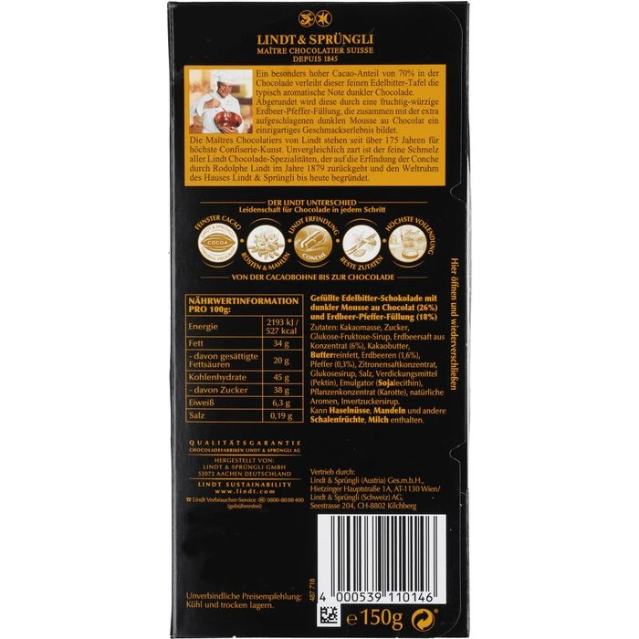 Lindt Tafelschokolade Edelbitter Mousse, Erdbeer-Pfeffer, 150g 3 Lindt Tafelschokolade Edelbitter Mousse, Erdbeer-Pfeffer, 150g – Bild 3